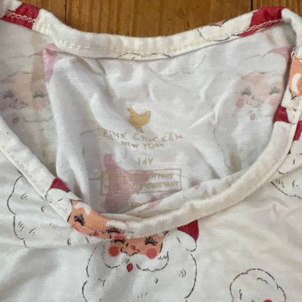 Pink Chicken Pajama Top Kids Ivory Vintage Santa Print Christmas SIZE 14Y